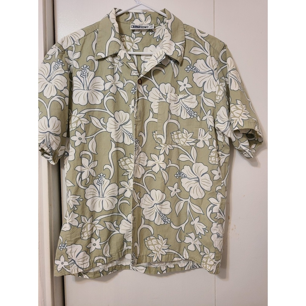 Billabong Floral Print Short-sleeve Button-down White Hibiscus Flowers. Size M